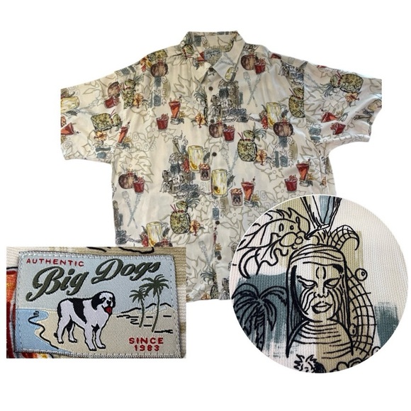 Vintage Big Dogs Hawaiian Tiki Paradise Tropical Drinks Rayon Button Up Shirt 3X - Picture 1 of 16